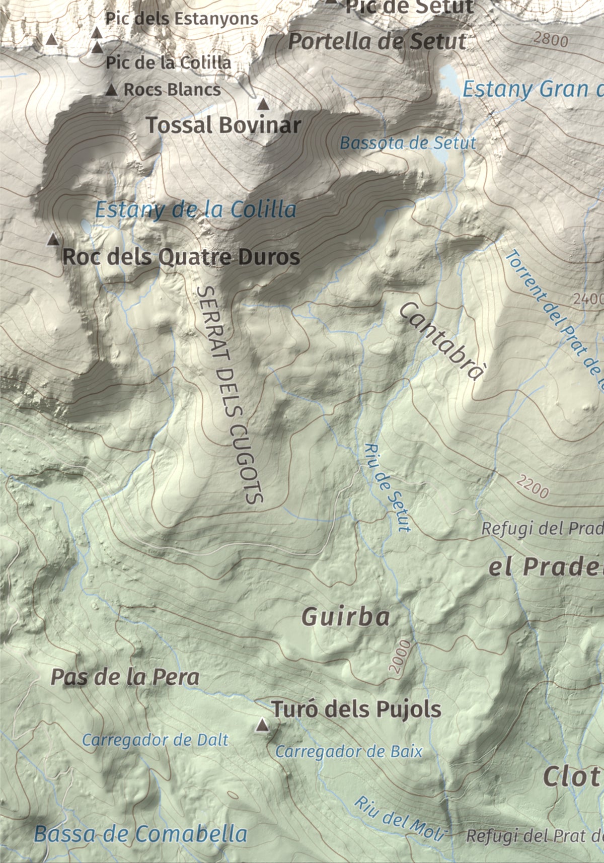 Mapa de relieve de Tossa Plana de Lles (pic de la Portelleta), 2905 m, Andorra · Cerdanya, lámina 100 Cims de Trobart. Detalle de la zona inferior izquierda. 21 × 30 cm.