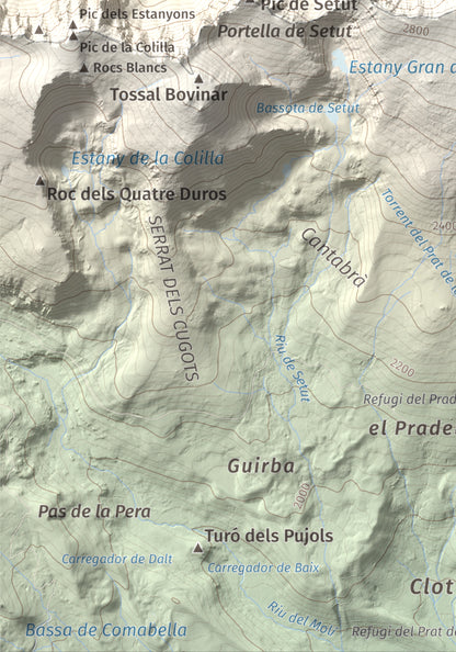 Mapa de relieve de Tossa Plana de Lles (pic de la Portelleta), 2905 m, Andorra · Cerdanya, lámina 100 Cims de Trobart. Detalle de la zona inferior izquierda. 21 × 30 cm.