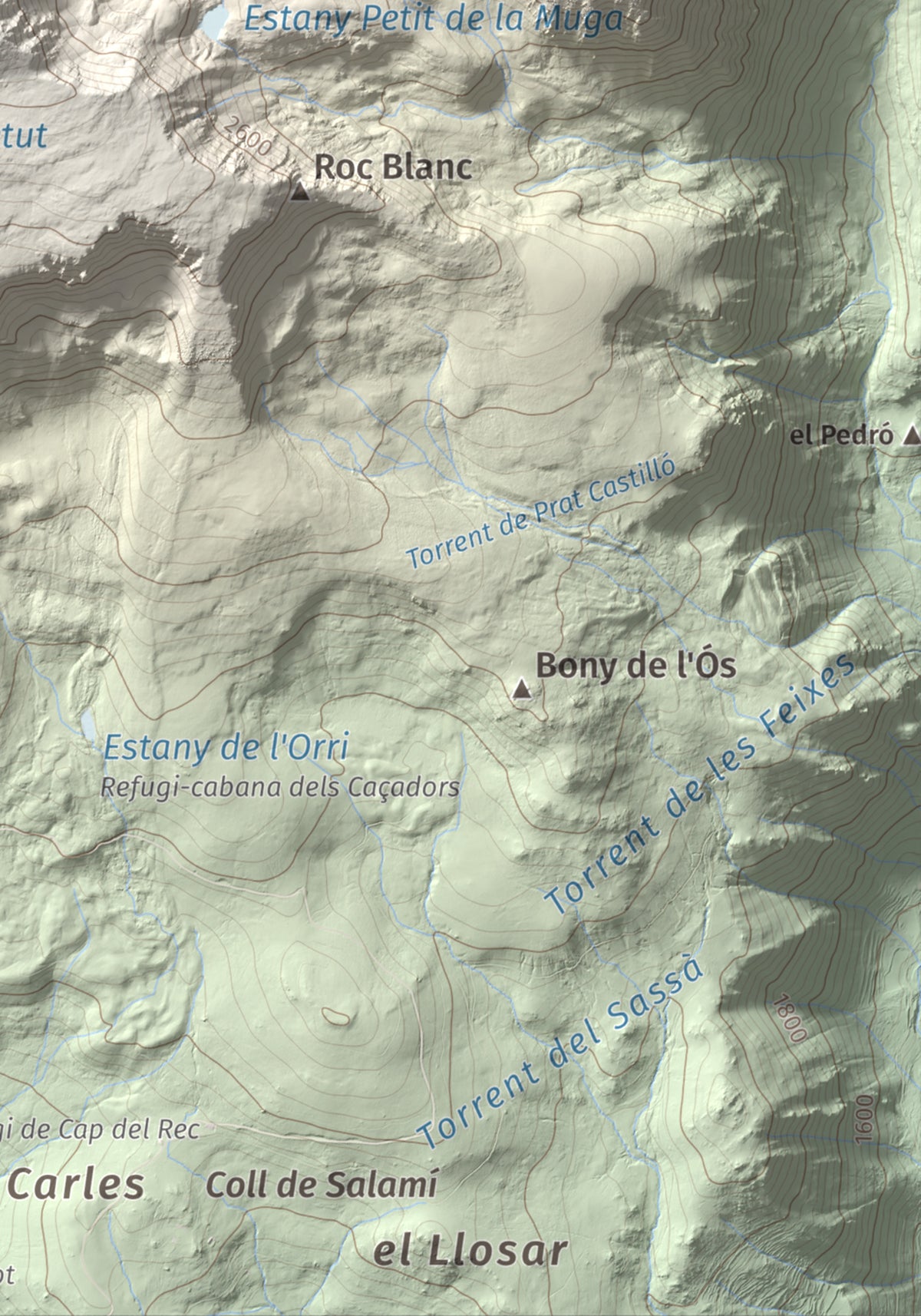 Mapa de relieve de Tossa Plana de Lles (pic de la Portelleta), 2905 m, Andorra · Cerdanya, lámina 100 Cims de Trobart. Detalle de la zona inferior derecha. 21 × 30 cm.