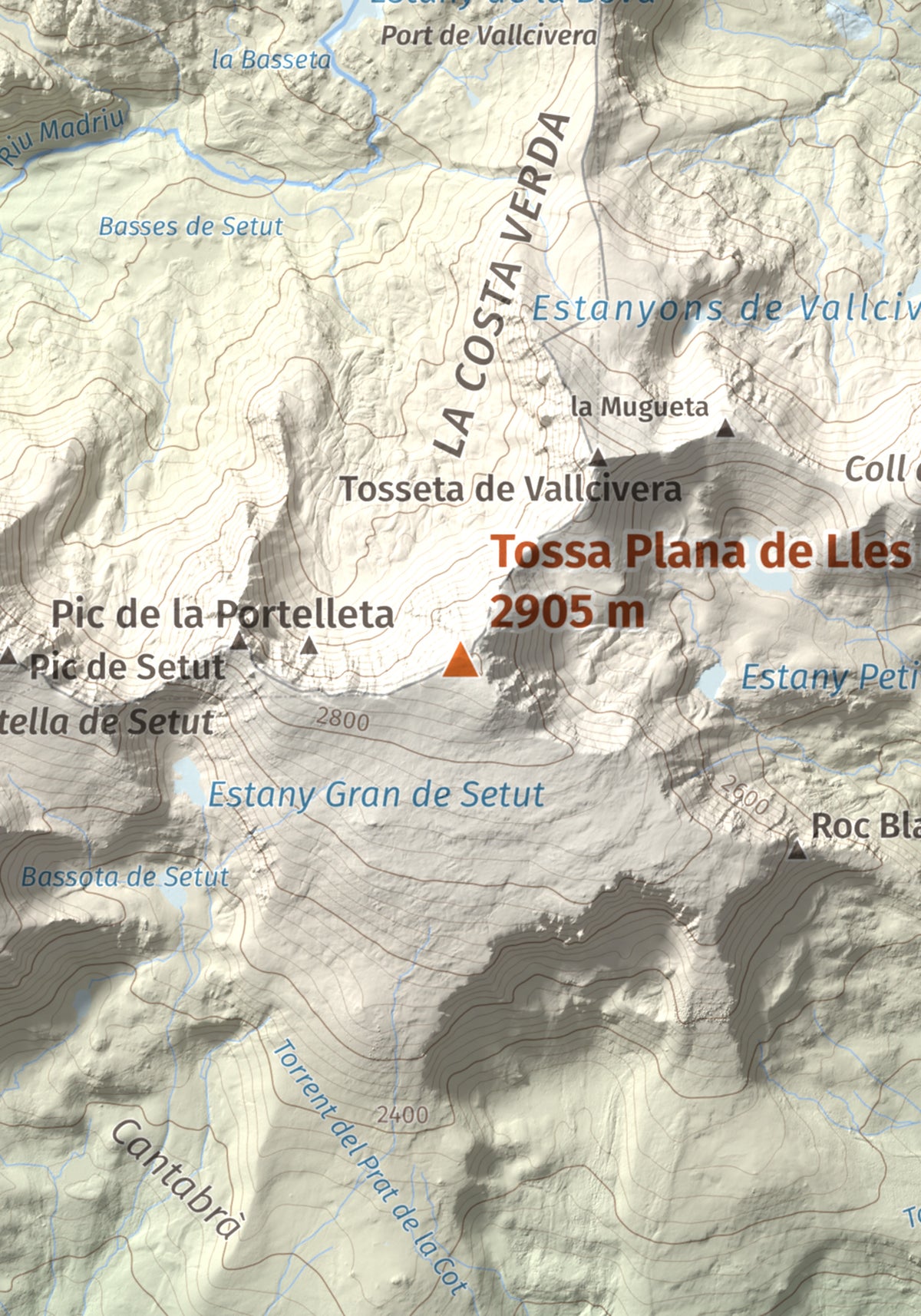 Mapa de relieve de Tossa Plana de Lles (pic de la Portelleta), 2905 m, Andorra · Cerdanya, lámina 100 Cims de Trobart. Detalle de la zona central. 21 × 30 cm.