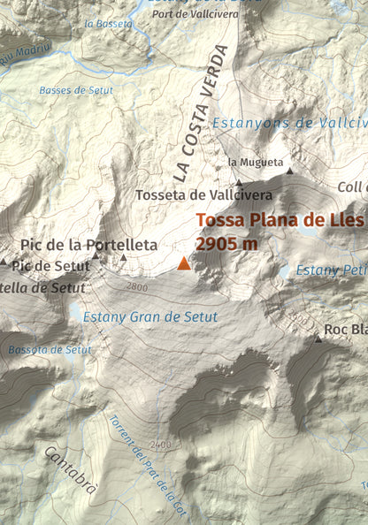 Mapa de relieve de Tossa Plana de Lles (pic de la Portelleta), 2905 m, Andorra · Cerdanya, lámina 100 Cims de Trobart. Detalle de la zona central. 21 × 30 cm.