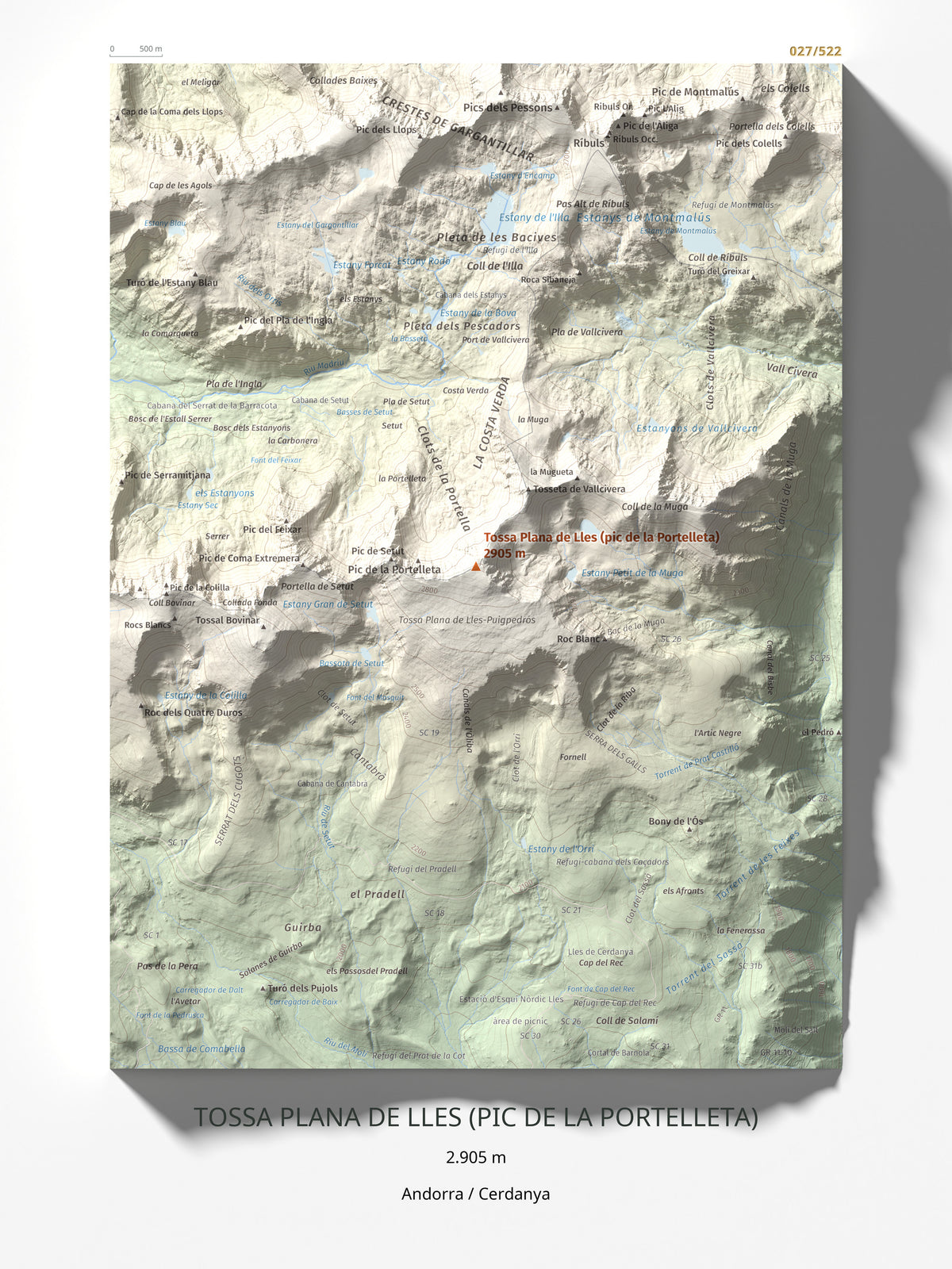 Mapa de relieve de Tossa Plana de Lles (pic de la Portelleta), 2905 m, Andorra · Cerdanya, lámina 100 Cims de Trobart 30 × 40 cm.