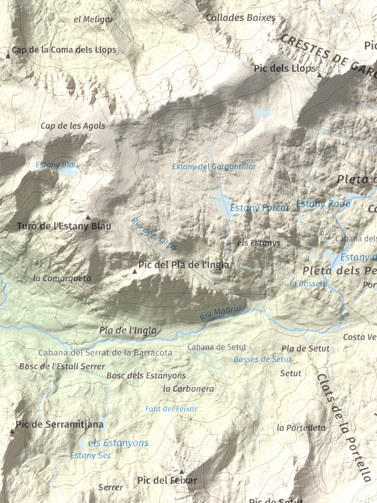 Mapa de relieve de Tossa Plana de Lles (pic de la Portelleta), 2905 m, Andorra · Cerdanya, lámina 100 Cims de Trobart. Detalle de la zona superior izquierda. 30 × 40 cm.
