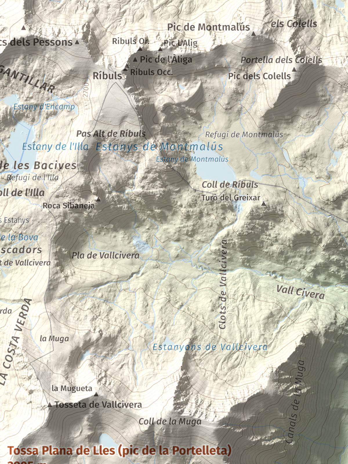 Mapa de relieve de Tossa Plana de Lles (pic de la Portelleta), 2905 m, Andorra · Cerdanya, lámina 100 Cims de Trobart. Detalle de la zona superior derecha. 30 × 40 cm.