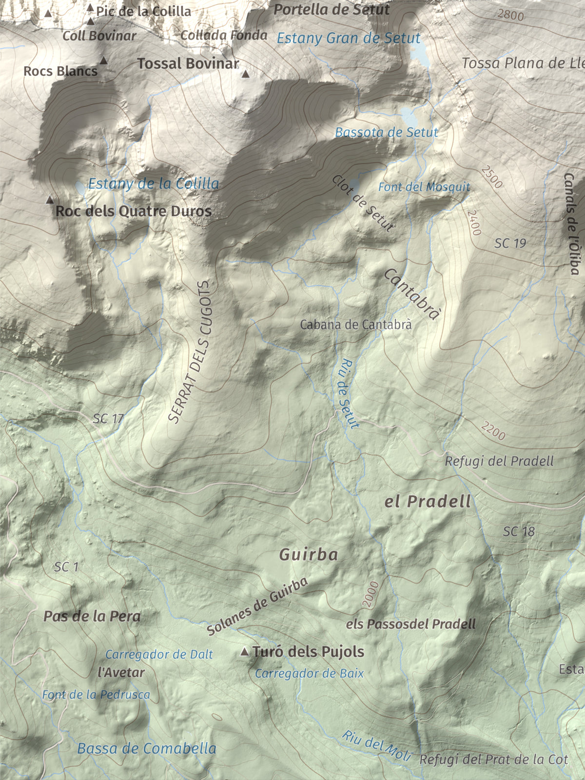 Mapa de relieve de Tossa Plana de Lles (pic de la Portelleta), 2905 m, Andorra · Cerdanya, lámina 100 Cims de Trobart. Detalle de la zona inferior izquierda. 30 × 40 cm.