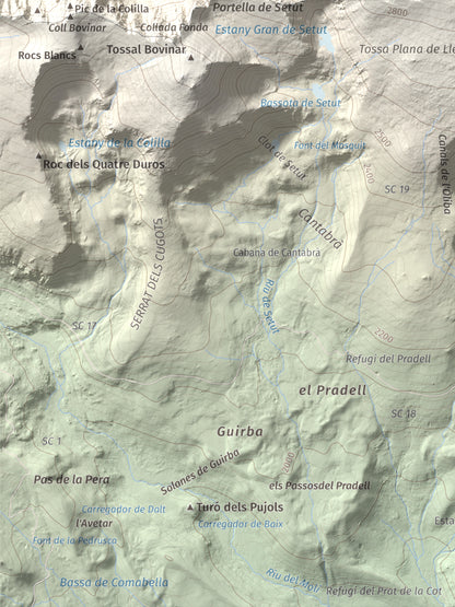 Mapa de relieve de Tossa Plana de Lles (pic de la Portelleta), 2905 m, Andorra · Cerdanya, lámina 100 Cims de Trobart. Detalle de la zona inferior izquierda. 30 × 40 cm.