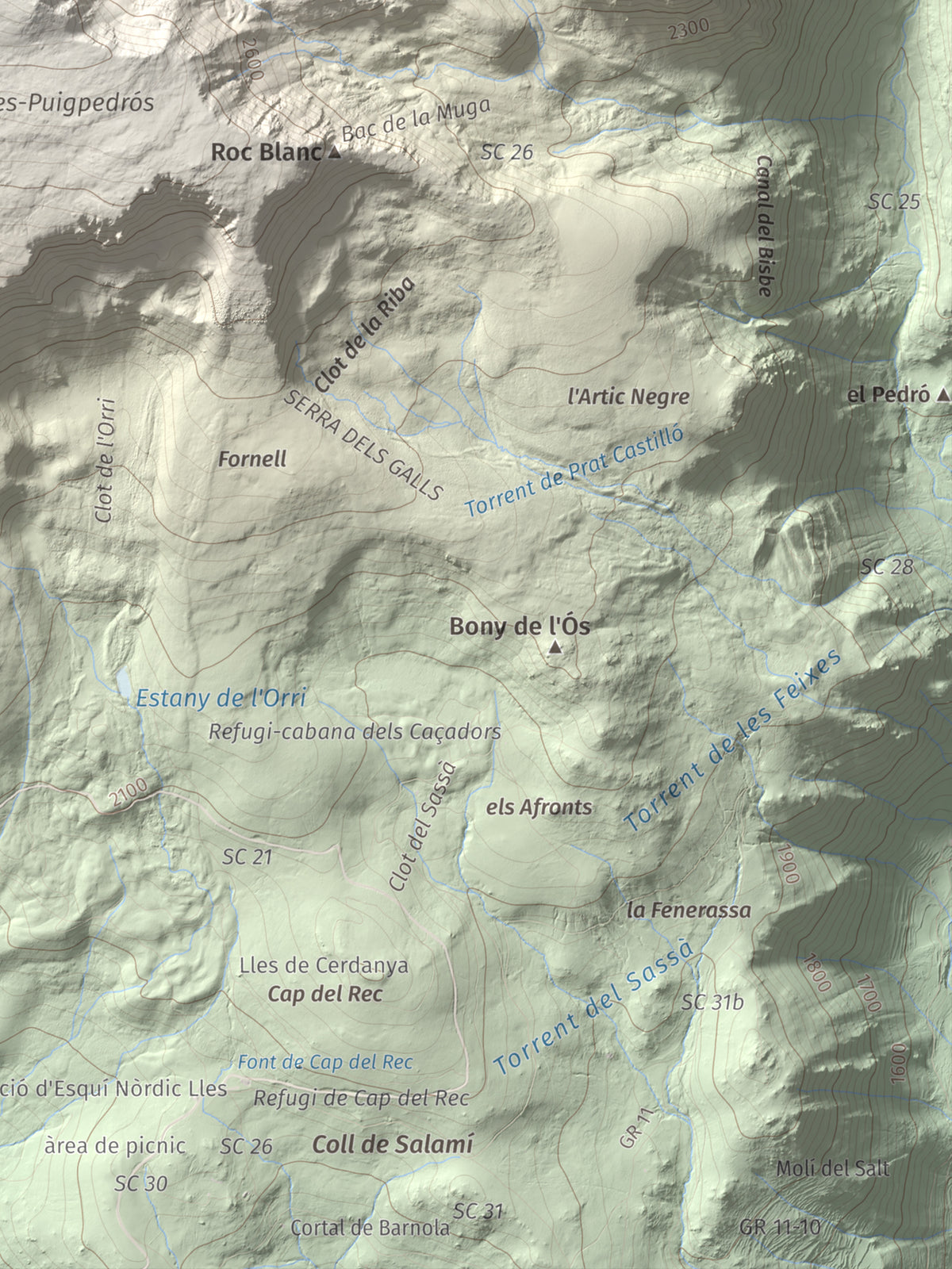 Mapa de relieve de Tossa Plana de Lles (pic de la Portelleta), 2905 m, Andorra · Cerdanya, lámina 100 Cims de Trobart. Detalle de la zona inferior derecha. 30 × 40 cm.
