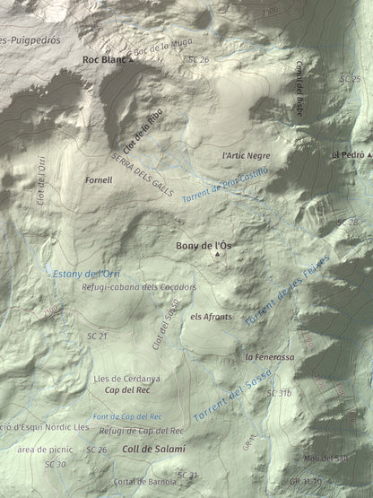 Mapa de relieve de Tossa Plana de Lles (pic de la Portelleta), 2905 m, Andorra · Cerdanya, lámina 100 Cims de Trobart. Detalle de la zona inferior derecha. 30 × 40 cm.