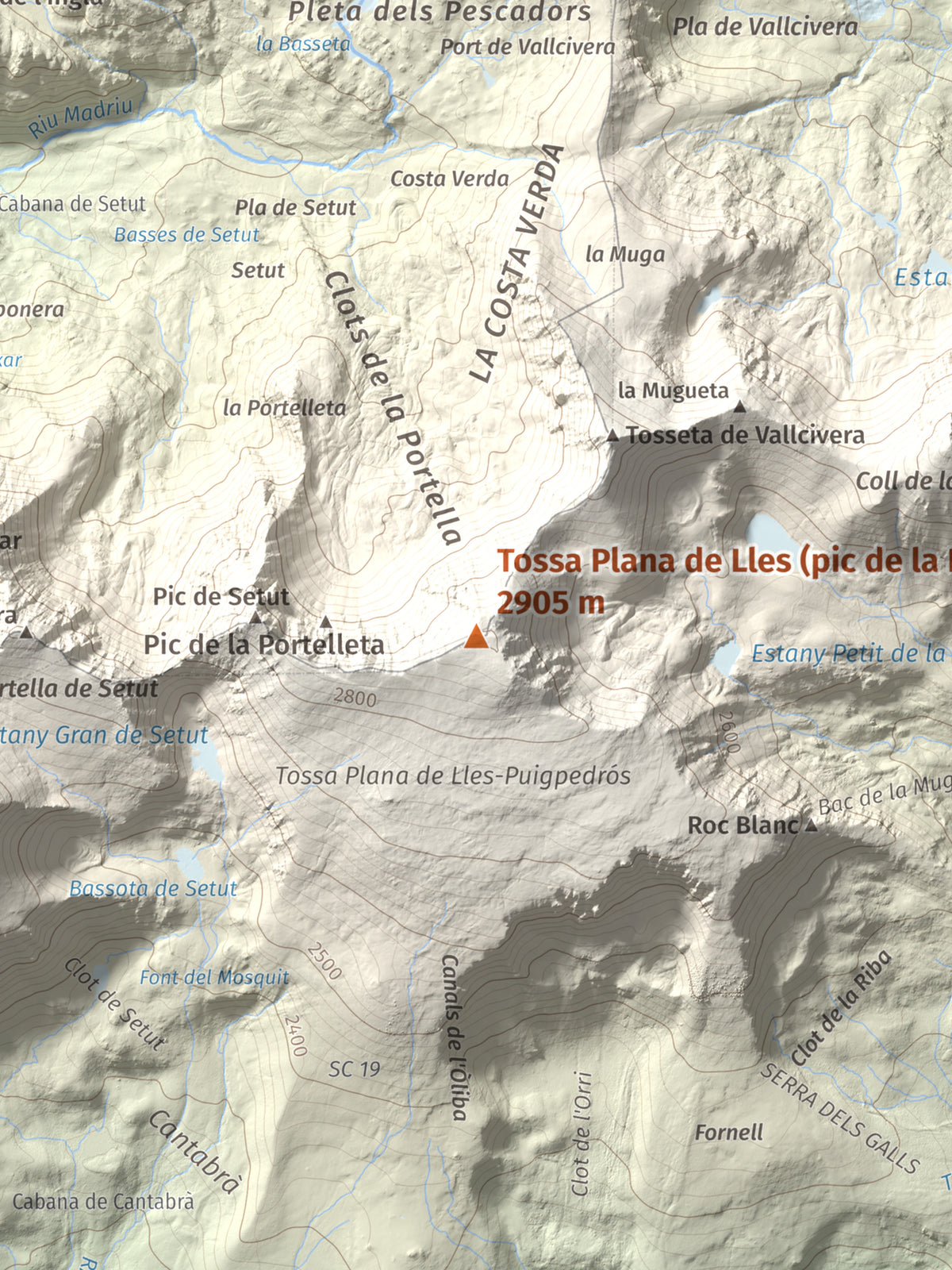 Mapa de relieve de Tossa Plana de Lles (pic de la Portelleta), 2905 m, Andorra · Cerdanya, lámina 100 Cims de Trobart. Detalle de la zona central. 30 × 40 cm.