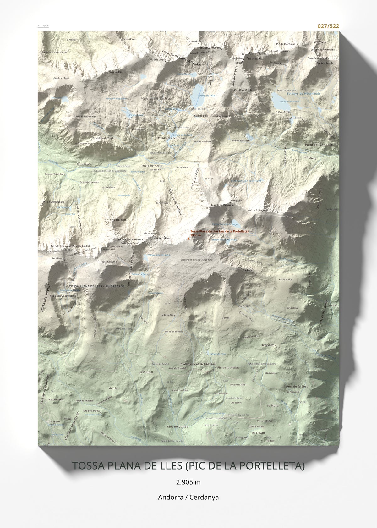 Mapa de relieve de Tossa Plana de Lles (pic de la Portelleta), 2905 m, Andorra · Cerdanya, lámina 100 Cims de Trobart 50 × 70 cm.
