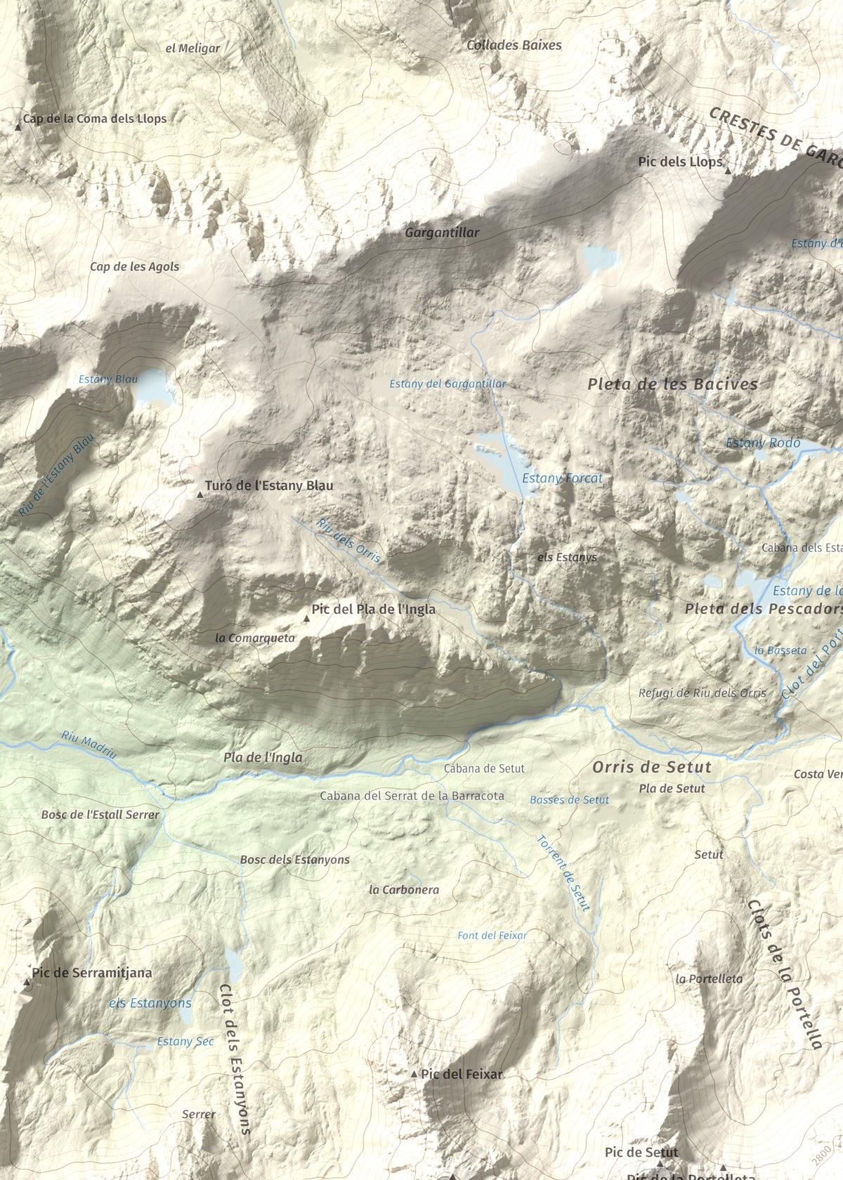 Mapa de relieve de Tossa Plana de Lles (pic de la Portelleta), 2905 m, Andorra · Cerdanya, lámina 100 Cims de Trobart. Detalle de la zona superior izquierda. 50 × 70 cm.