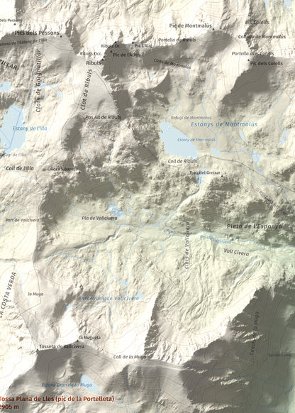 Mapa de relieve de Tossa Plana de Lles (pic de la Portelleta), 2905 m, Andorra · Cerdanya, lámina 100 Cims de Trobart. Detalle de la zona superior derecha. 50 × 70 cm.