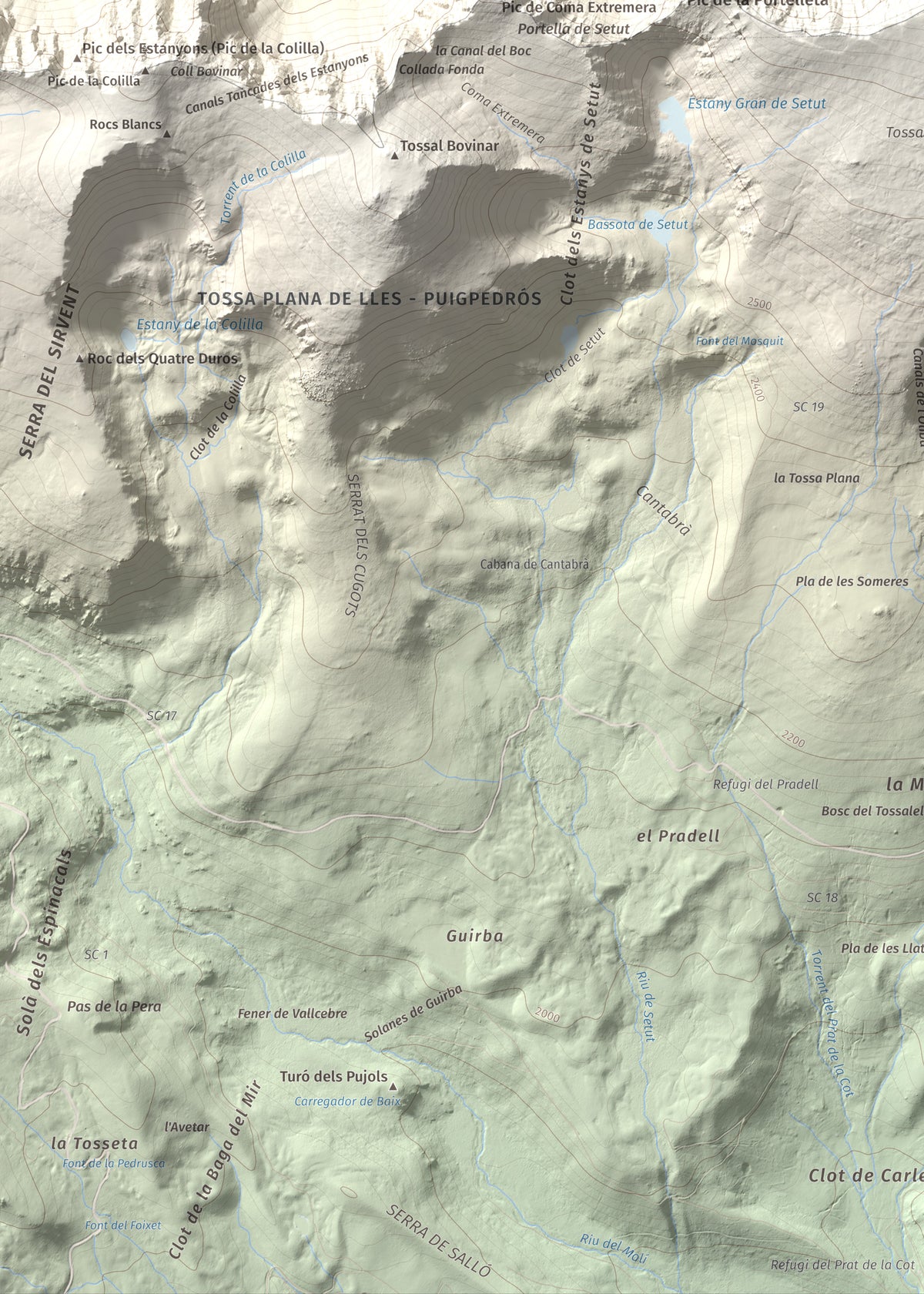 Mapa de relieve de Tossa Plana de Lles (pic de la Portelleta), 2905 m, Andorra · Cerdanya, lámina 100 Cims de Trobart. Detalle de la zona inferior izquierda. 50 × 70 cm.