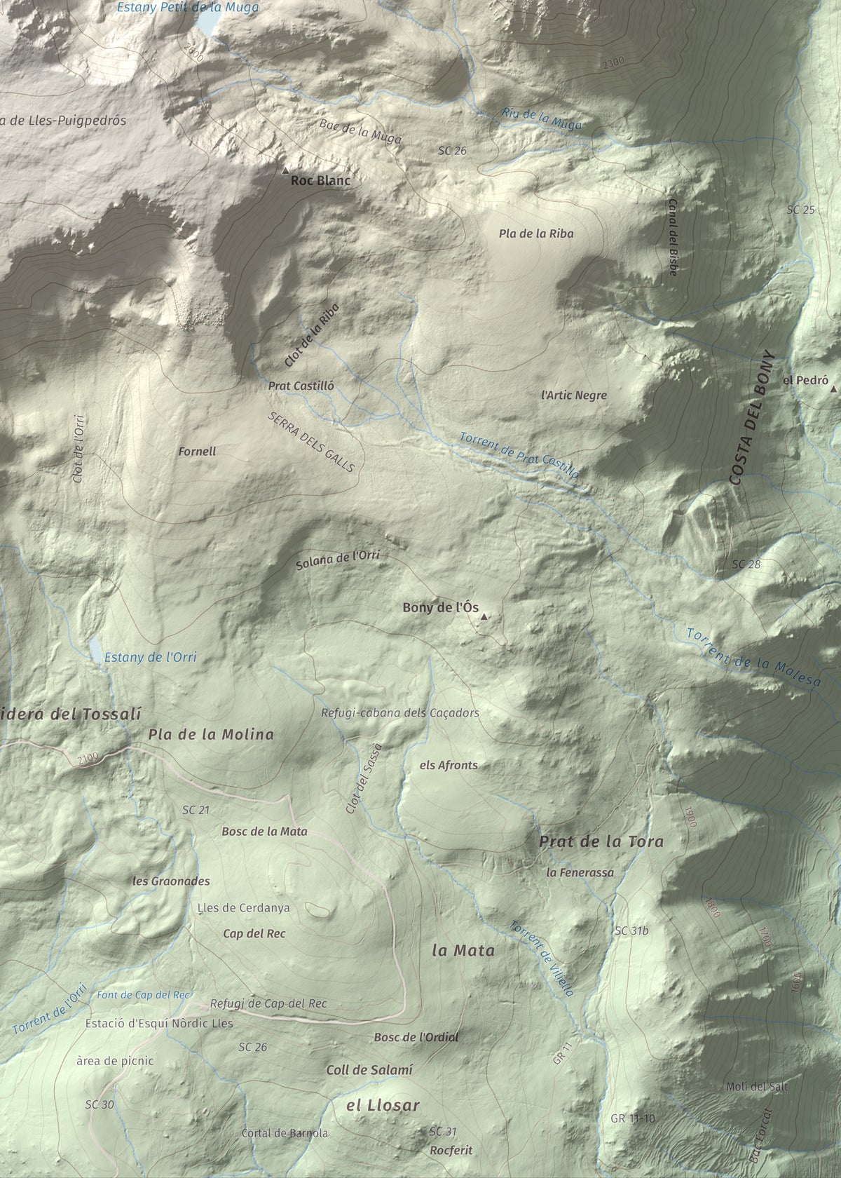 Mapa de relieve de Tossa Plana de Lles (pic de la Portelleta), 2905 m, Andorra · Cerdanya, lámina 100 Cims de Trobart. Detalle de la zona inferior derecha. 50 × 70 cm.