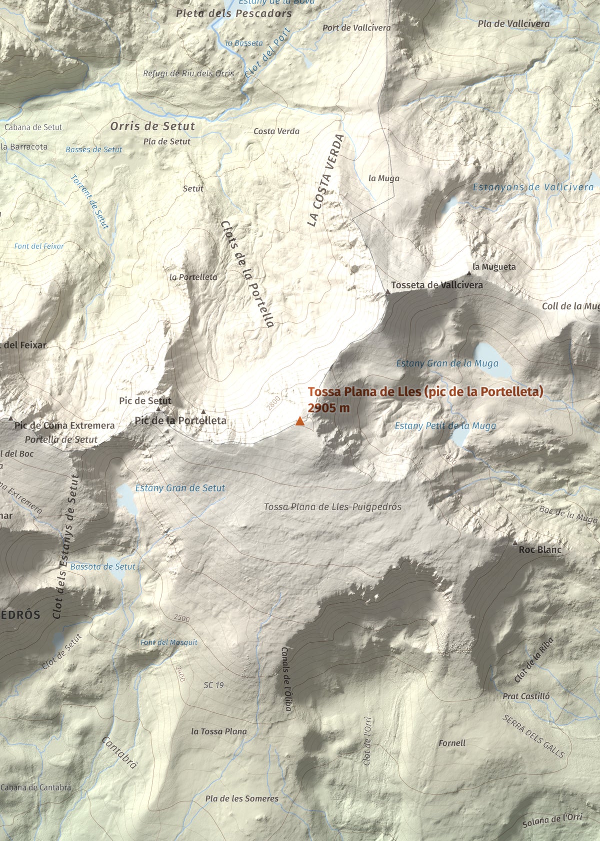 Mapa de relieve de Tossa Plana de Lles (pic de la Portelleta), 2905 m, Andorra · Cerdanya, lámina 100 Cims de Trobart. Detalle de la zona central. 50 × 70 cm.