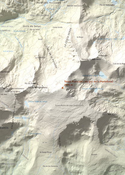 Mapa de relieve de Tossa Plana de Lles (pic de la Portelleta), 2905 m, Andorra · Cerdanya, lámina 100 Cims de Trobart. Detalle de la zona central. 50 × 70 cm.
