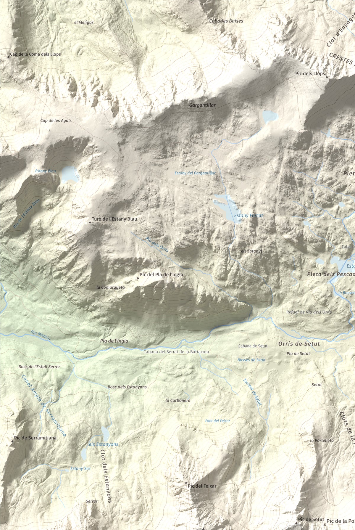 Mapa de relieve de Tossa Plana de Lles (pic de la Portelleta), 2905 m, Andorra · Cerdanya, lámina 100 Cims de Trobart. Detalle de la zona superior izquierda. 61 × 91 cm.