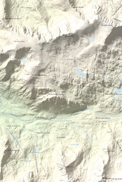 Mapa de relieve de Tossa Plana de Lles (pic de la Portelleta), 2905 m, Andorra · Cerdanya, lámina 100 Cims de Trobart. Detalle de la zona superior izquierda. 61 × 91 cm.