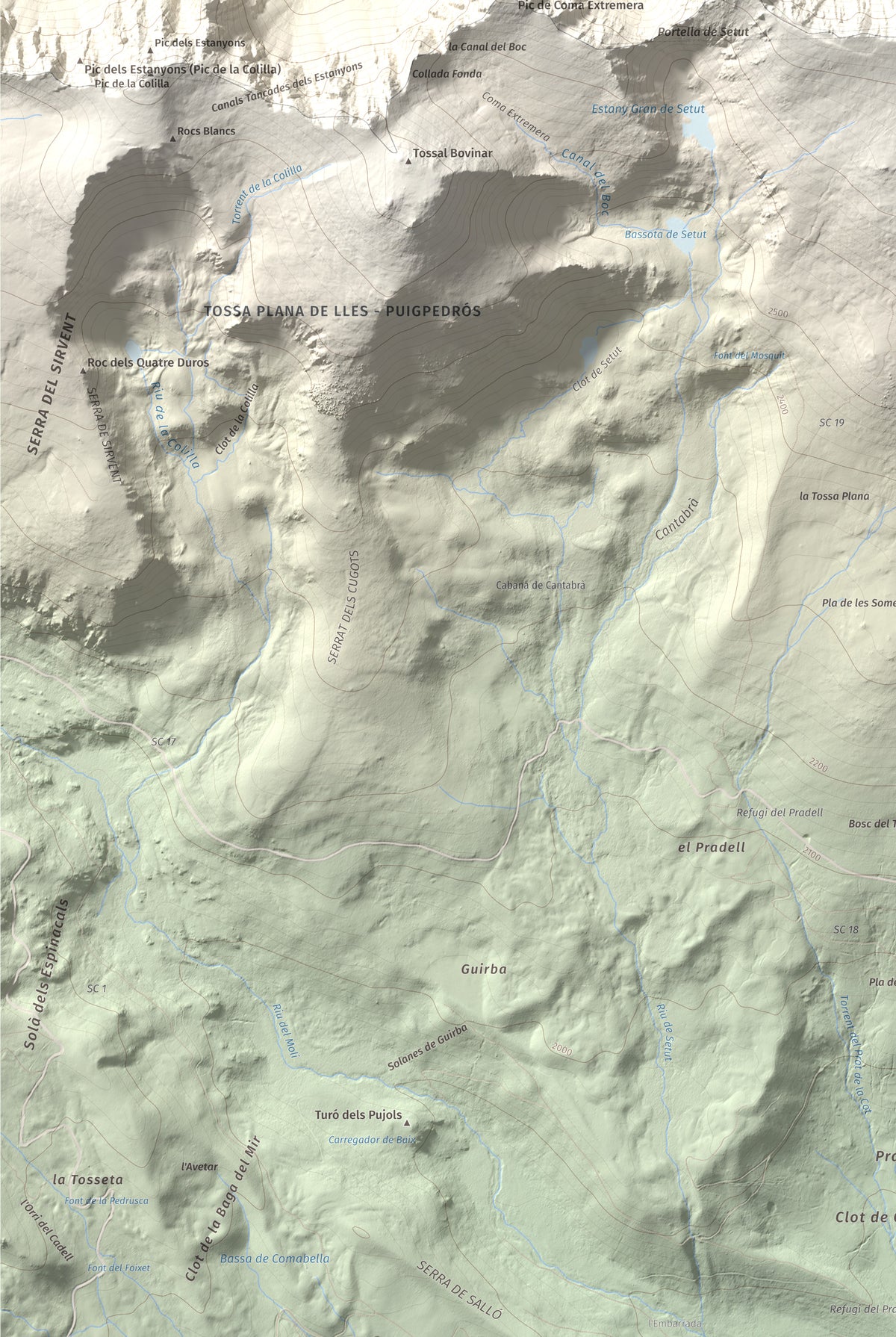 Mapa de relieve de Tossa Plana de Lles (pic de la Portelleta), 2905 m, Andorra · Cerdanya, lámina 100 Cims de Trobart. Detalle de la zona inferior izquierda. 61 × 91 cm.