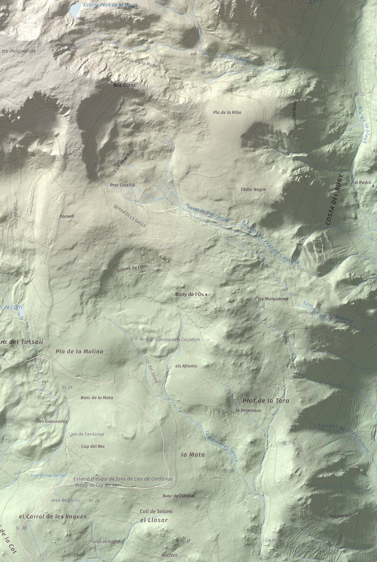 Mapa de relieve de Tossa Plana de Lles (pic de la Portelleta), 2905 m, Andorra · Cerdanya, lámina 100 Cims de Trobart. Detalle de la zona inferior derecha. 61 × 91 cm.