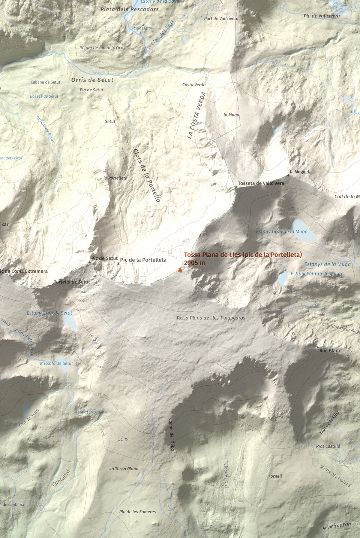 Mapa de relieve de Tossa Plana de Lles (pic de la Portelleta), 2905 m, Andorra · Cerdanya, lámina 100 Cims de Trobart. Detalle de la zona central. 61 × 91 cm.
