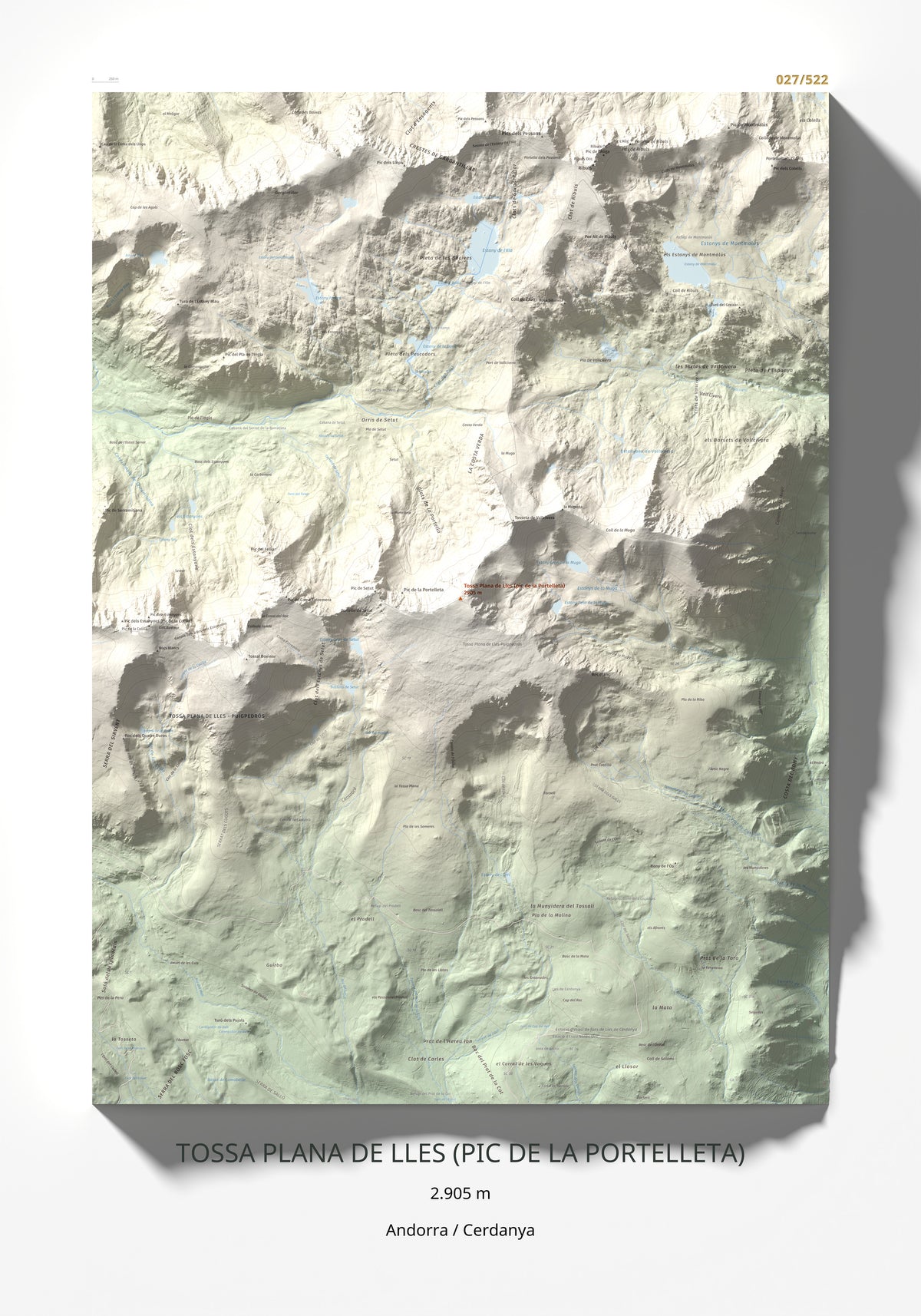 Mapa de relieve de Tossa Plana de Lles (pic de la Portelleta), 2905 m, Andorra · Cerdanya, lámina 100 Cims de Trobart 70 × 100 cm.