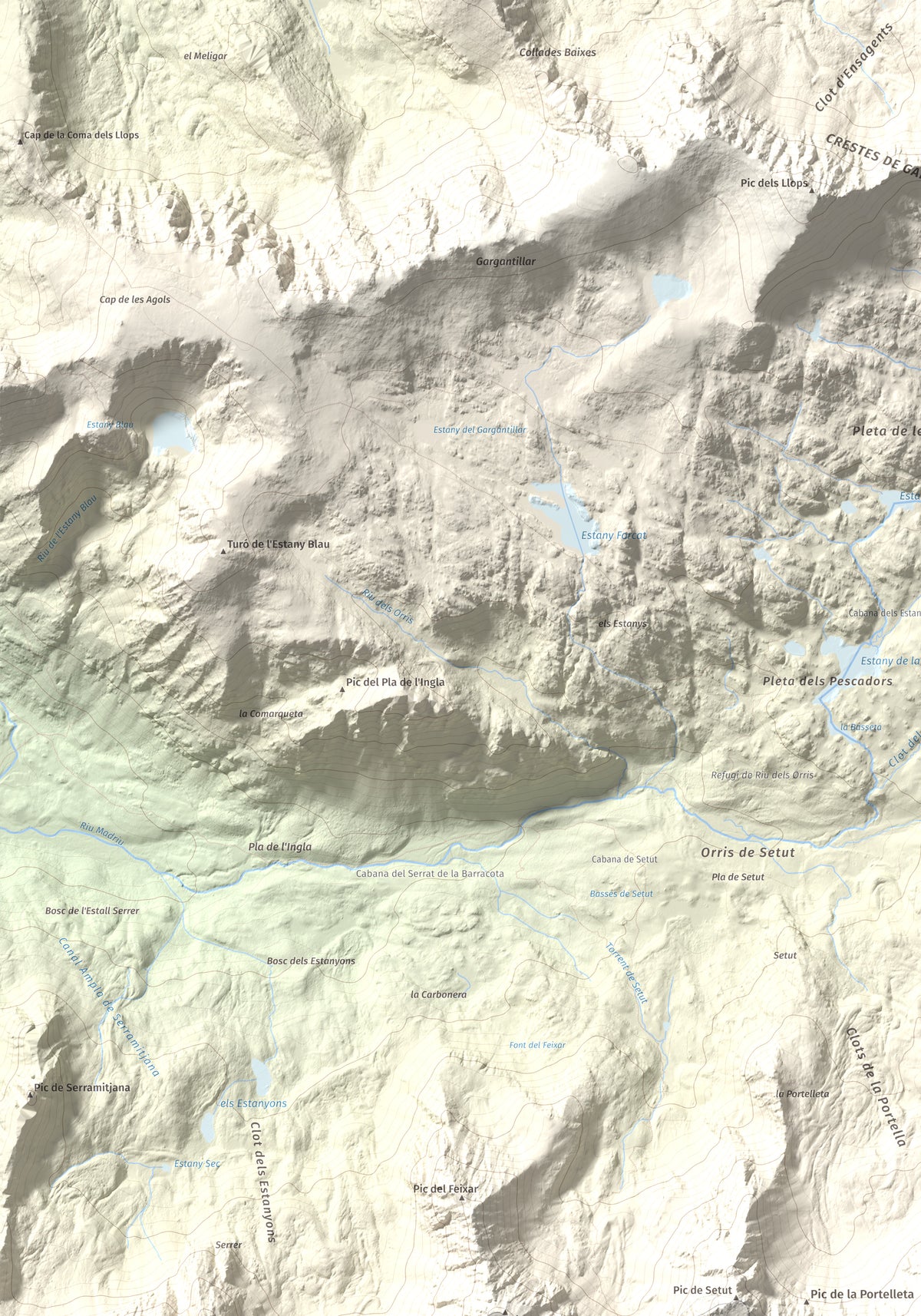 Mapa de relieve de Tossa Plana de Lles (pic de la Portelleta), 2905 m, Andorra · Cerdanya, lámina 100 Cims de Trobart. Detalle de la zona superior izquierda. 70 × 100 cm.