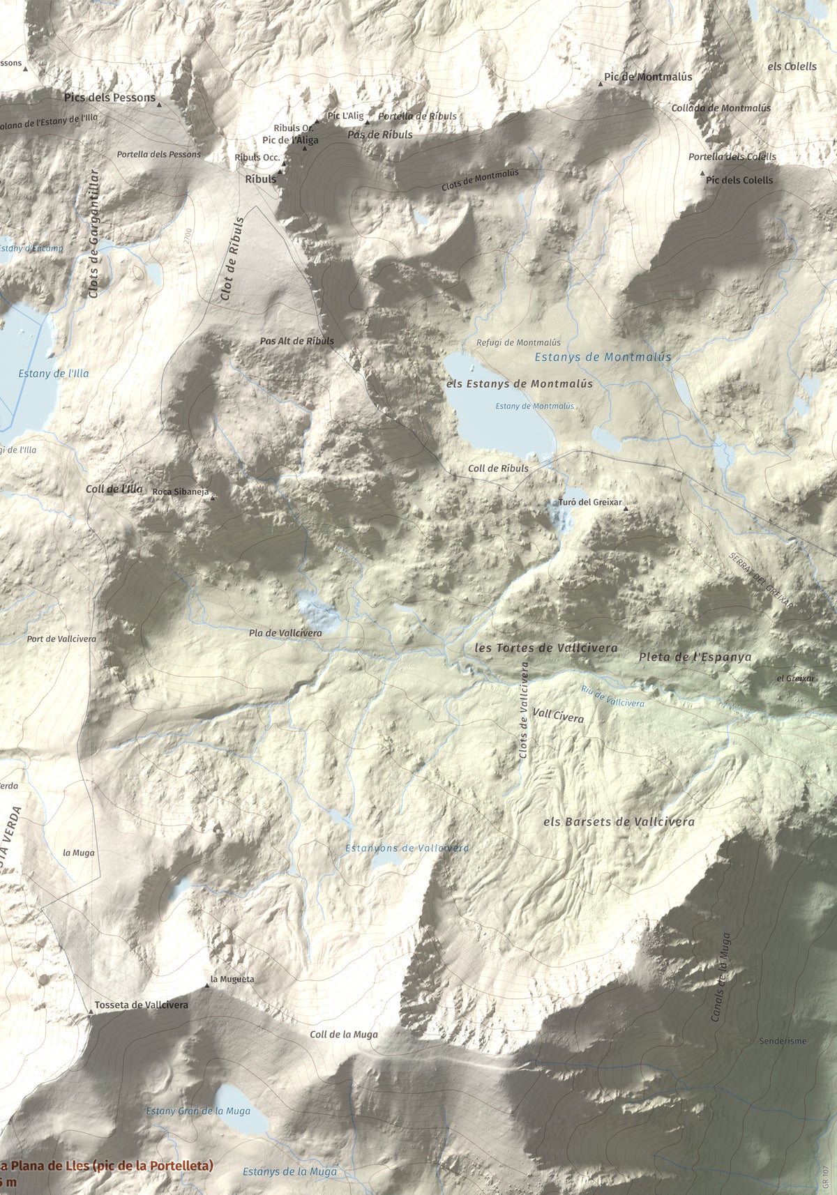 Mapa de relieve de Tossa Plana de Lles (pic de la Portelleta), 2905 m, Andorra · Cerdanya, lámina 100 Cims de Trobart. Detalle de la zona superior derecha. 70 × 100 cm.