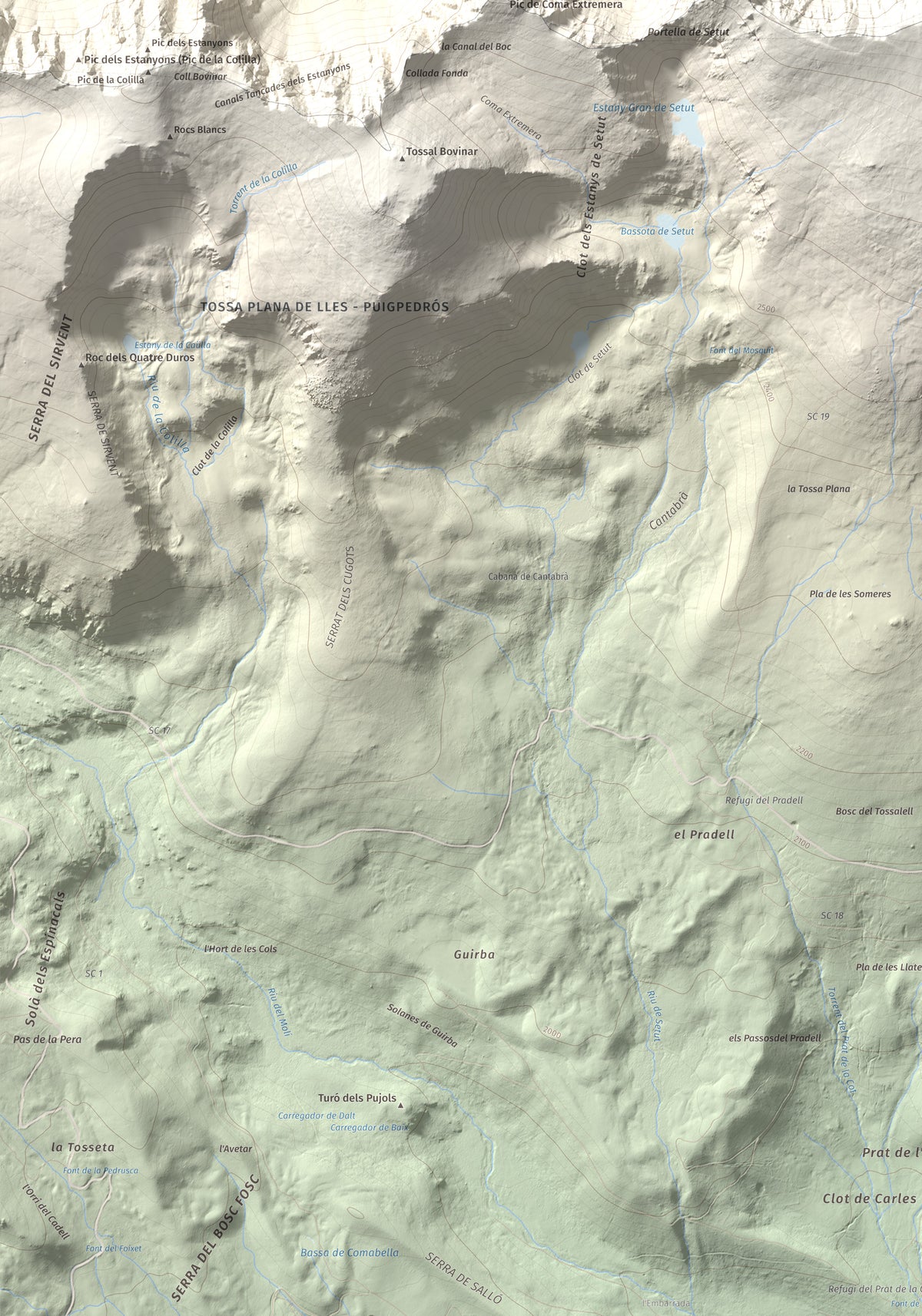 Mapa de relieve de Tossa Plana de Lles (pic de la Portelleta), 2905 m, Andorra · Cerdanya, lámina 100 Cims de Trobart. Detalle de la zona inferior izquierda. 70 × 100 cm.