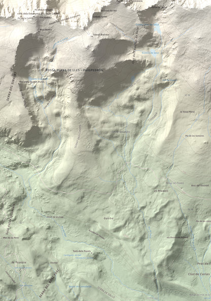 Mapa de relieve de Tossa Plana de Lles (pic de la Portelleta), 2905 m, Andorra · Cerdanya, lámina 100 Cims de Trobart. Detalle de la zona inferior izquierda. 70 × 100 cm.