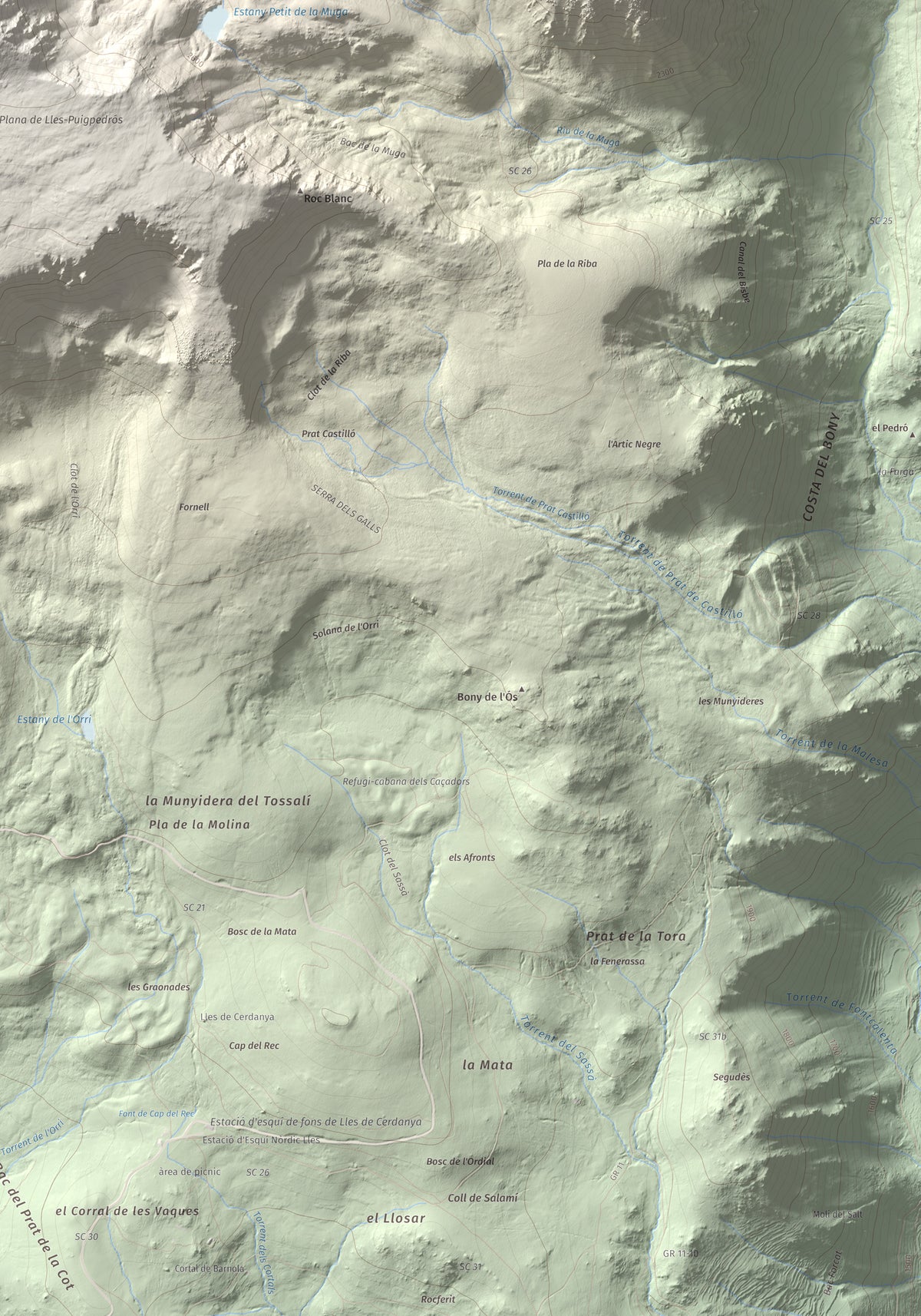 Mapa de relieve de Tossa Plana de Lles (pic de la Portelleta), 2905 m, Andorra · Cerdanya, lámina 100 Cims de Trobart. Detalle de la zona inferior derecha. 70 × 100 cm.
