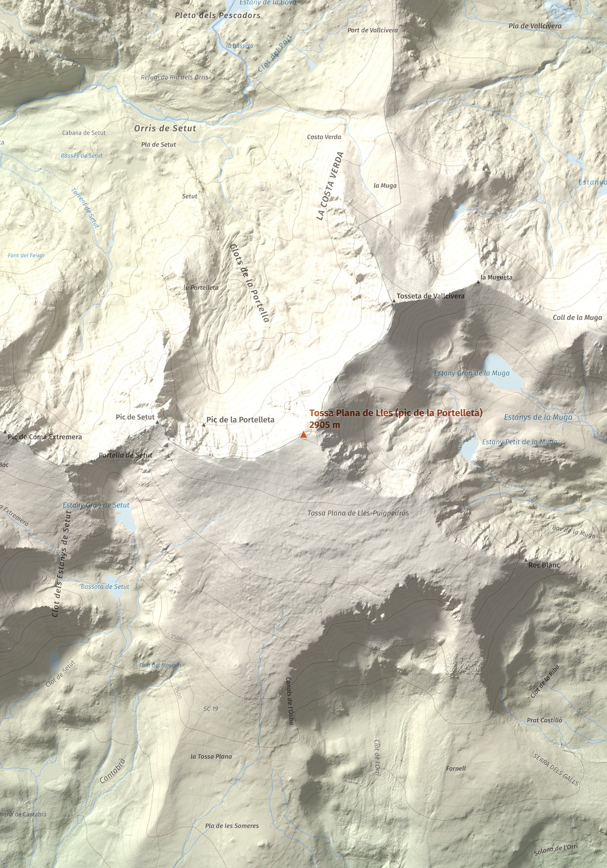 Mapa de relieve de Tossa Plana de Lles (pic de la Portelleta), 2905 m, Andorra · Cerdanya, lámina 100 Cims de Trobart. Detalle de la zona central. 70 × 100 cm.