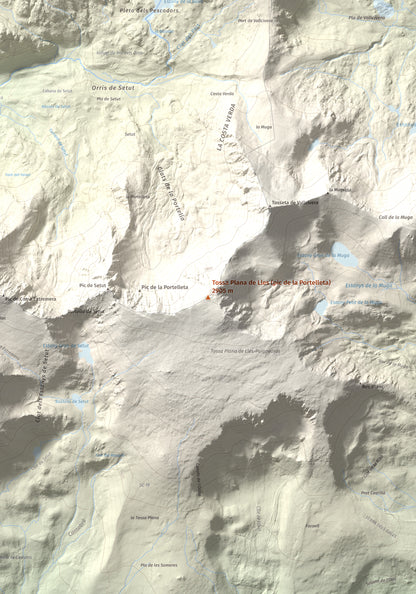 Mapa de relieve de Tossa Plana de Lles (pic de la Portelleta), 2905 m, Andorra · Cerdanya, lámina 100 Cims de Trobart. Detalle de la zona central. 70 × 100 cm.