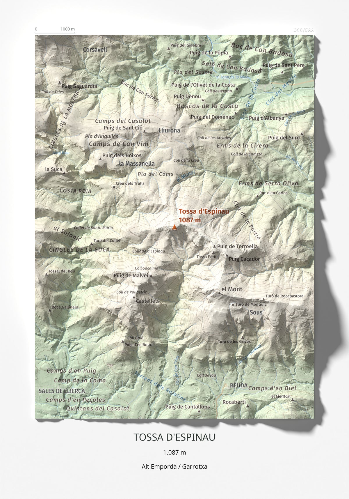 Mapa de relieve de Tossa d'Espinau, 1087 m, Alt Empordà · Garrotxa, lámina 100 Cims de Trobart 21 × 30 cm.