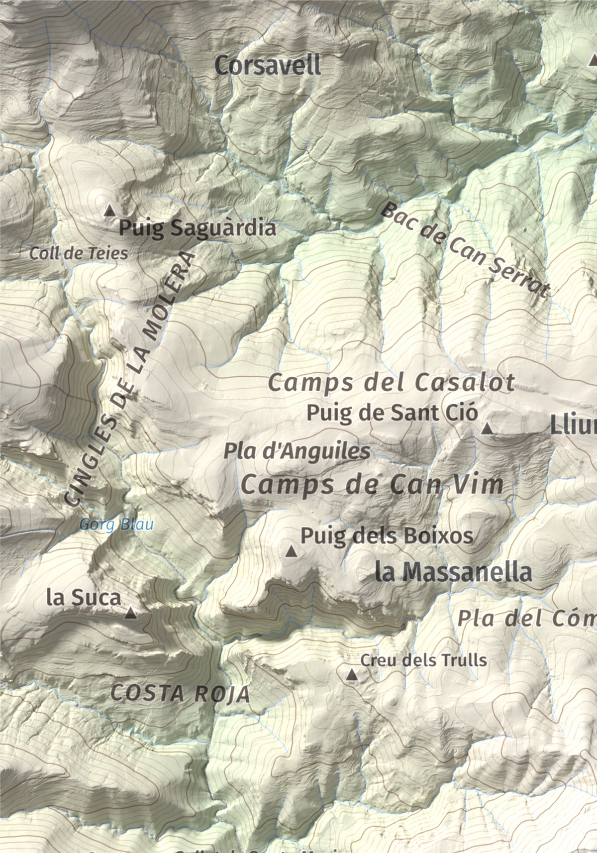 Mapa de relieve de Tossa d'Espinau, 1087 m, Alt Empordà · Garrotxa, lámina 100 Cims de Trobart. Detalle de la zona superior izquierda. 21 × 30 cm.