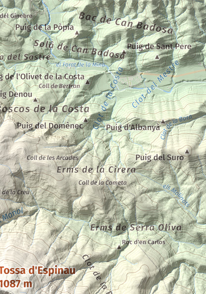Mapa de relieve de Tossa d'Espinau, 1087 m, Alt Empordà · Garrotxa, lámina 100 Cims de Trobart. Detalle de la zona superior derecha. 21 × 30 cm.