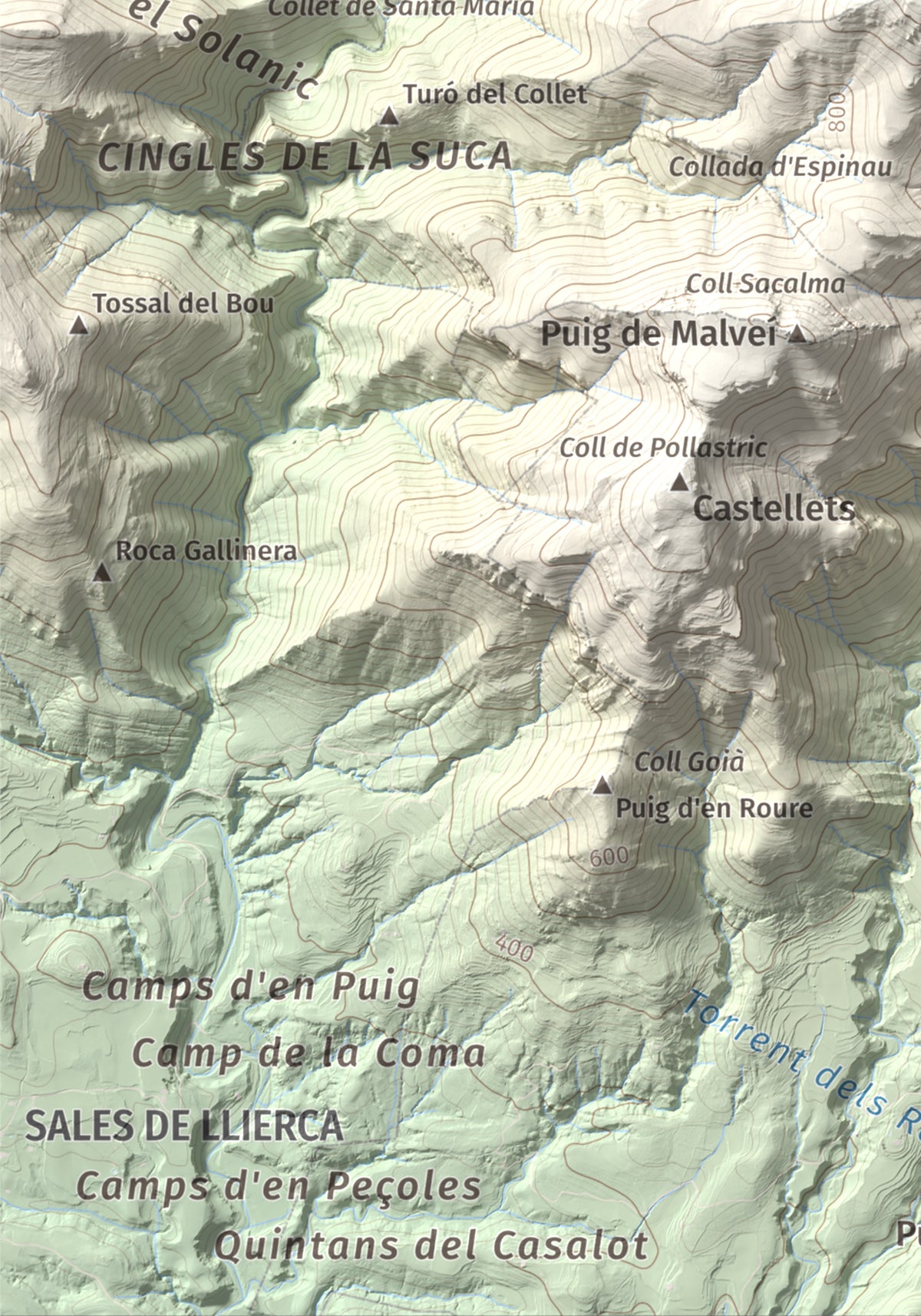 Mapa de relieve de Tossa d'Espinau, 1087 m, Alt Empordà · Garrotxa, lámina 100 Cims de Trobart. Detalle de la zona inferior izquierda. 21 × 30 cm.
