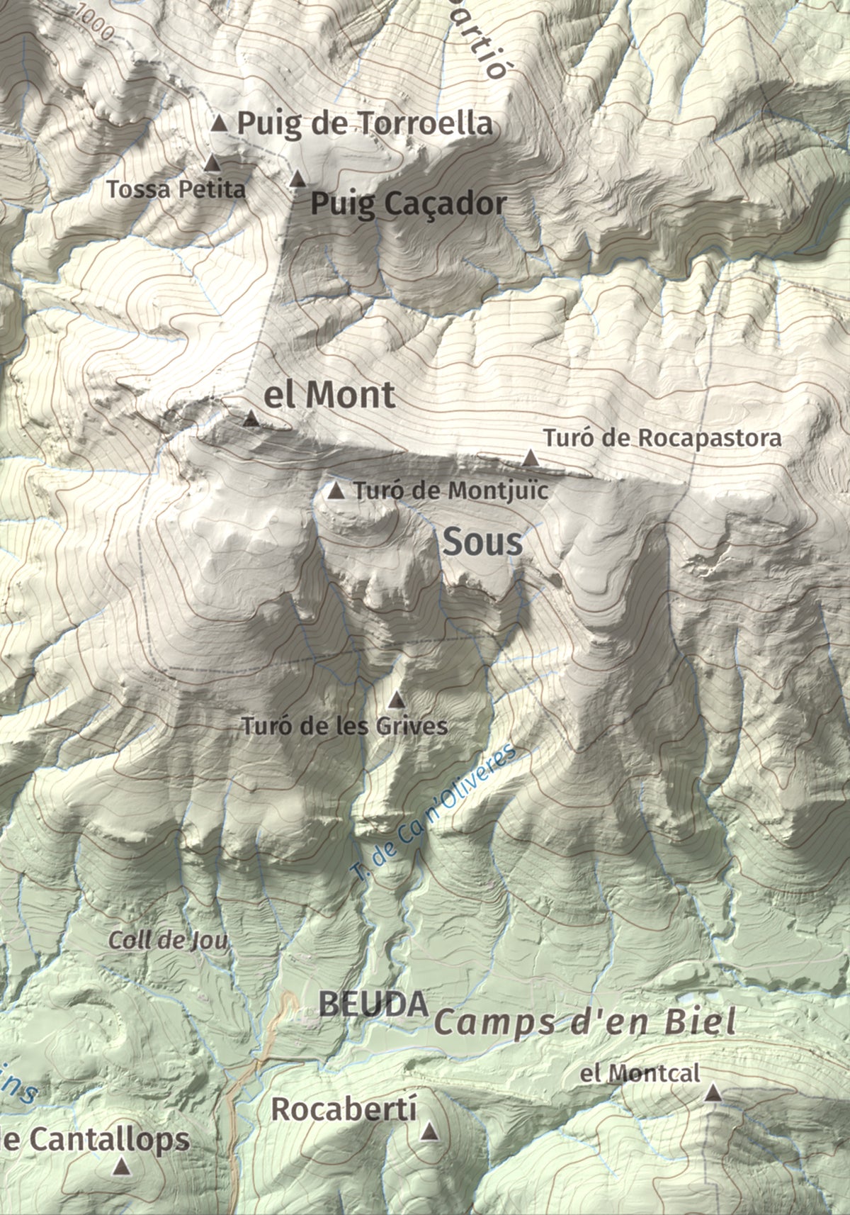 Mapa de relieve de Tossa d'Espinau, 1087 m, Alt Empordà · Garrotxa, lámina 100 Cims de Trobart. Detalle de la zona inferior derecha. 21 × 30 cm.