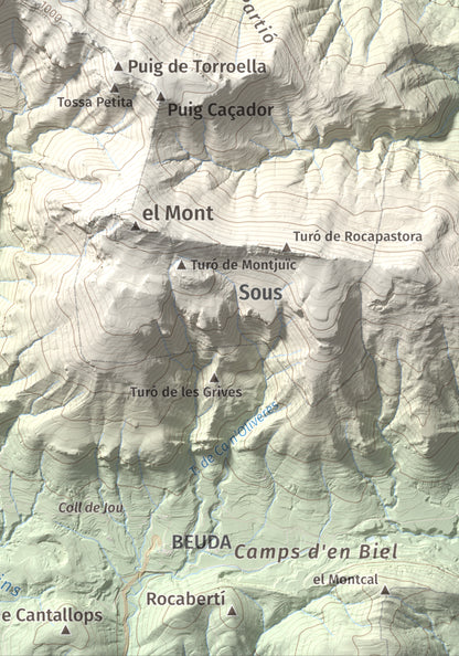 Mapa de relieve de Tossa d'Espinau, 1087 m, Alt Empordà · Garrotxa, lámina 100 Cims de Trobart. Detalle de la zona inferior derecha. 21 × 30 cm.