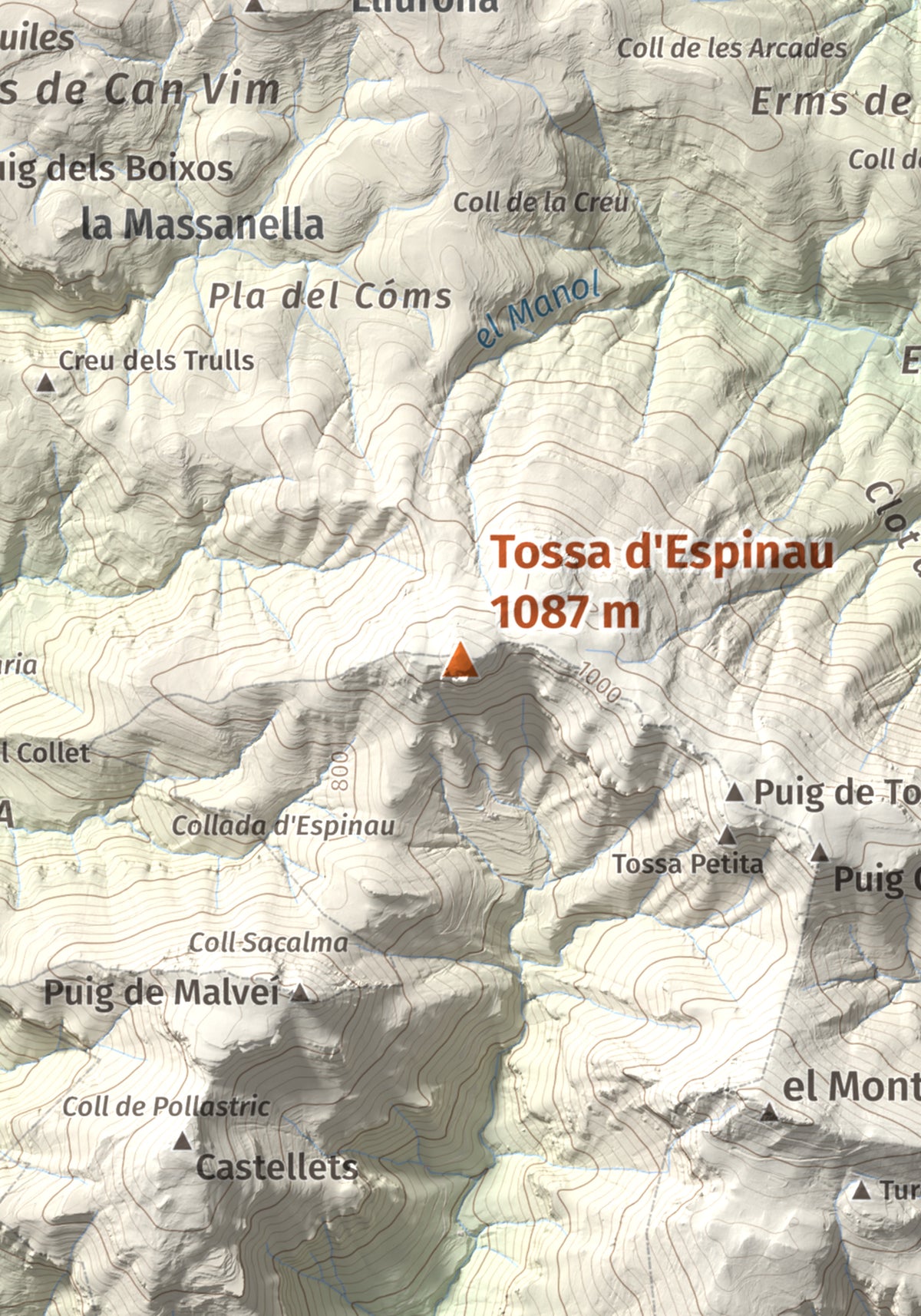 Mapa de relieve de Tossa d'Espinau, 1087 m, Alt Empordà · Garrotxa, lámina 100 Cims de Trobart. Detalle de la zona central. 21 × 30 cm.