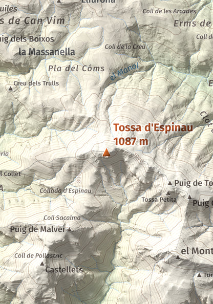 Mapa de relieve de Tossa d'Espinau, 1087 m, Alt Empordà · Garrotxa, lámina 100 Cims de Trobart. Detalle de la zona central. 21 × 30 cm.
