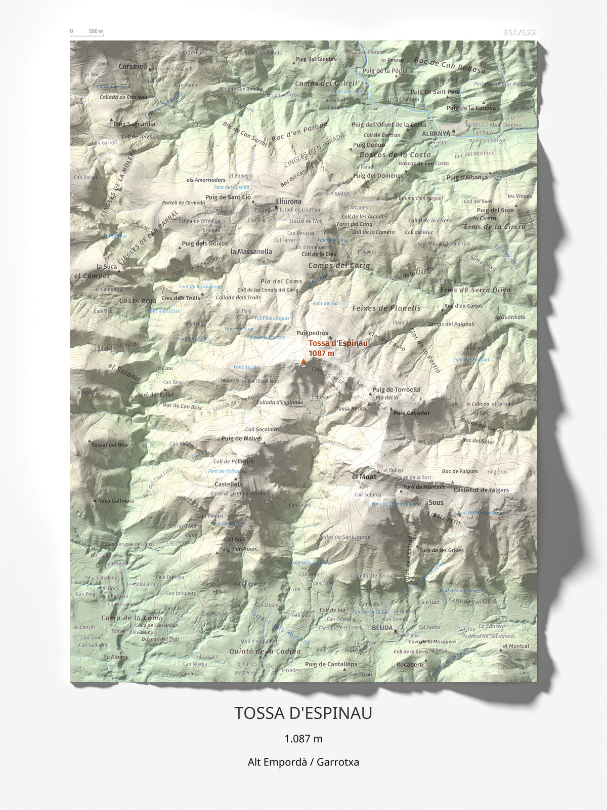 Mapa de relieve de Tossa d'Espinau, 1087 m, Alt Empordà · Garrotxa, lámina 100 Cims de Trobart 30 × 40 cm.