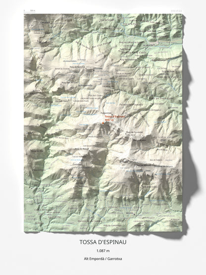 Mapa de relieve de Tossa d'Espinau, 1087 m, Alt Empordà · Garrotxa, lámina 100 Cims de Trobart 30 × 40 cm.
