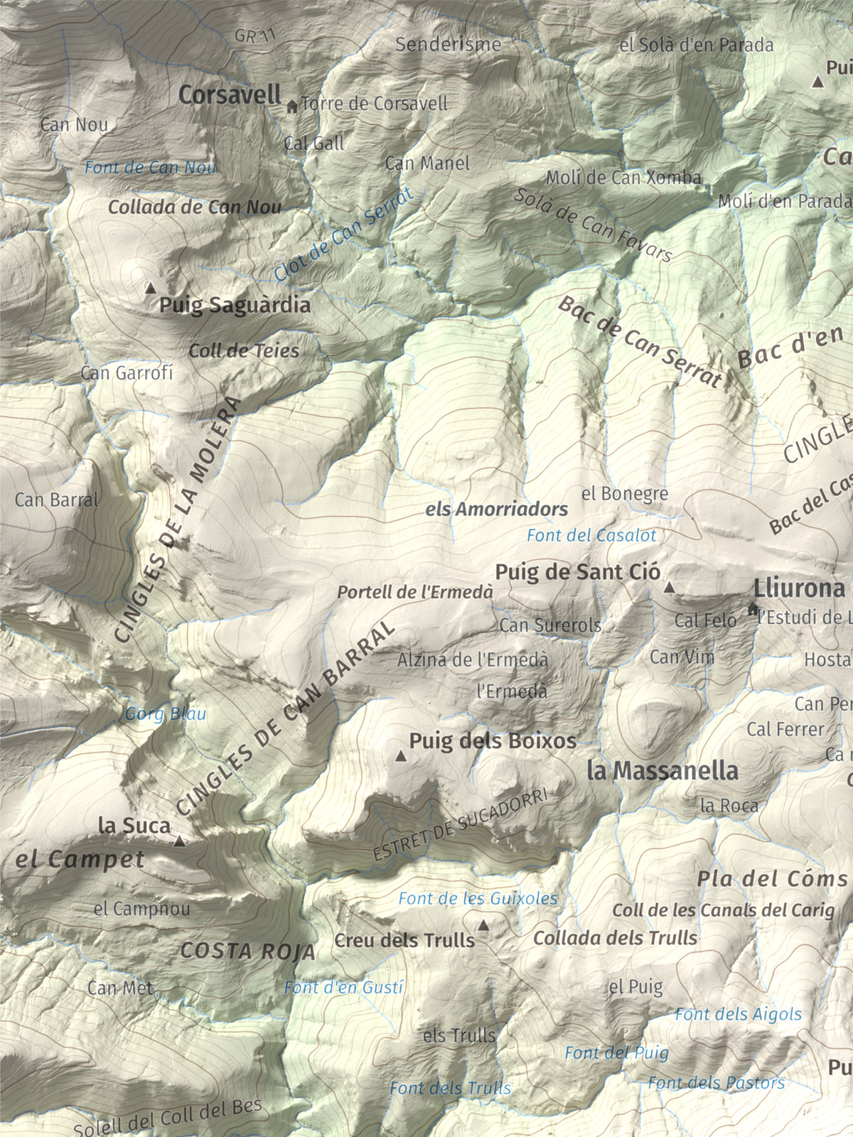 Mapa de relieve de Tossa d'Espinau, 1087 m, Alt Empordà · Garrotxa, lámina 100 Cims de Trobart. Detalle de la zona superior izquierda. 30 × 40 cm.