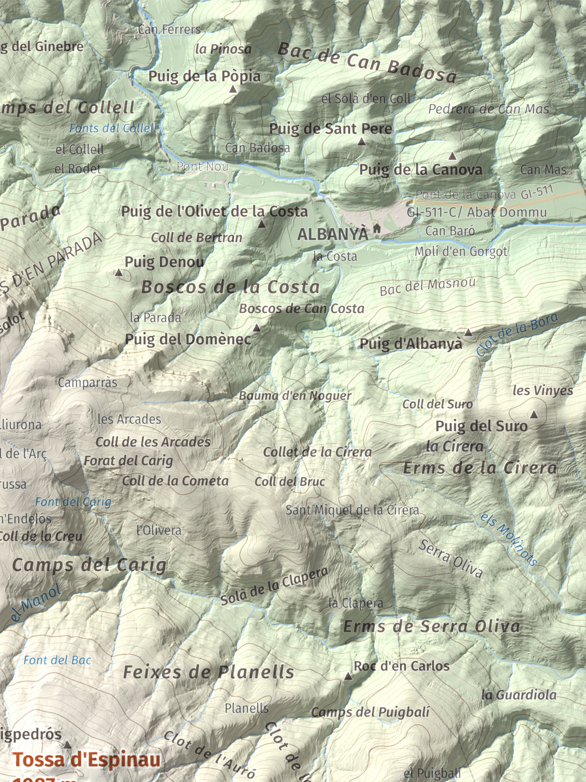 Mapa de relieve de Tossa d'Espinau, 1087 m, Alt Empordà · Garrotxa, lámina 100 Cims de Trobart. Detalle de la zona superior derecha. 30 × 40 cm.