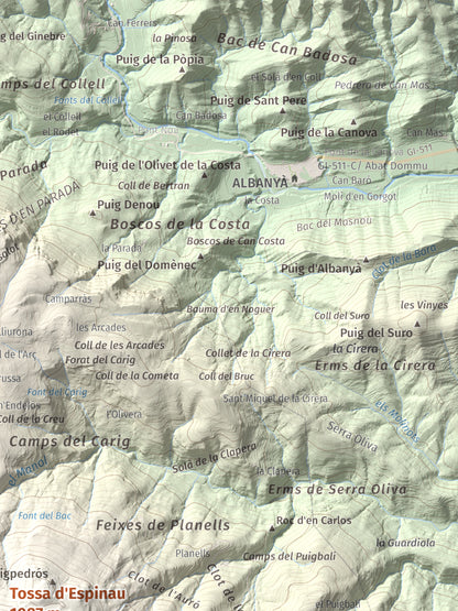 Mapa de relieve de Tossa d'Espinau, 1087 m, Alt Empordà · Garrotxa, lámina 100 Cims de Trobart. Detalle de la zona superior derecha. 30 × 40 cm.