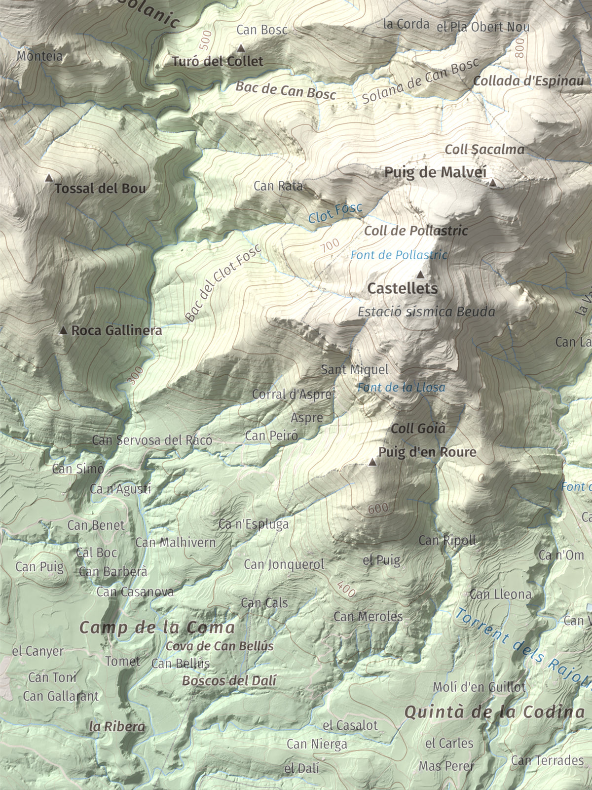 Mapa de relieve de Tossa d'Espinau, 1087 m, Alt Empordà · Garrotxa, lámina 100 Cims de Trobart. Detalle de la zona inferior izquierda. 30 × 40 cm.