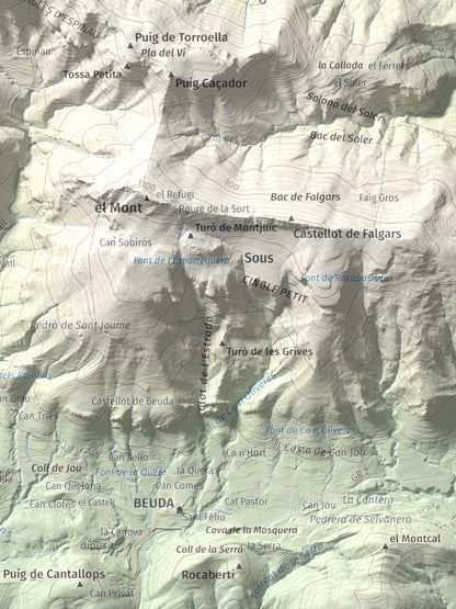 Mapa de relieve de Tossa d'Espinau, 1087 m, Alt Empordà · Garrotxa, lámina 100 Cims de Trobart. Detalle de la zona inferior derecha. 30 × 40 cm.