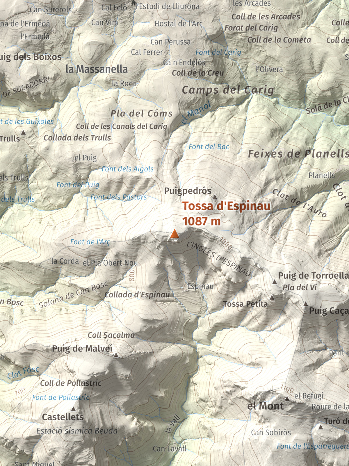 Mapa de relieve de Tossa d'Espinau, 1087 m, Alt Empordà · Garrotxa, lámina 100 Cims de Trobart. Detalle de la zona central. 30 × 40 cm.