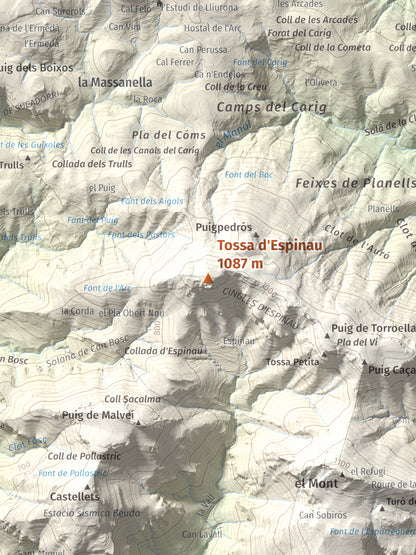 Mapa de relieve de Tossa d'Espinau, 1087 m, Alt Empordà · Garrotxa, lámina 100 Cims de Trobart. Detalle de la zona central. 30 × 40 cm.